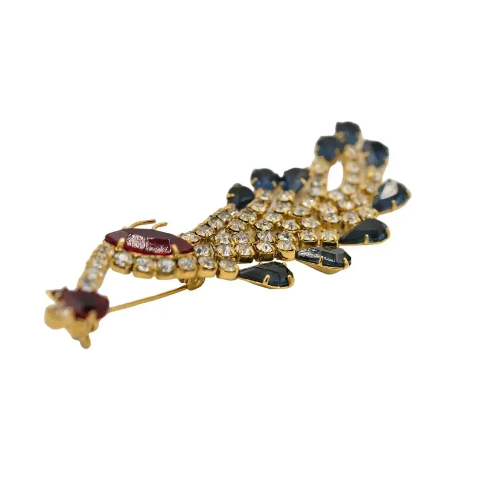 Vintage Crystal Peacock Pin Brooch Prong Blue Pink Rhinestone Gold NOS 1980s 9B